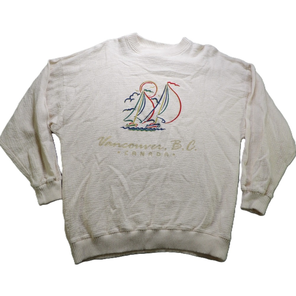 VTG ESY Vancouver BC Sailboat Embroidered Waffle Knit LS Sweater Cream L USA 90s